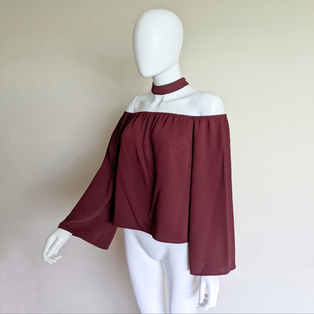 Guess Off Shoulder Flutter Sleeve Choker Top